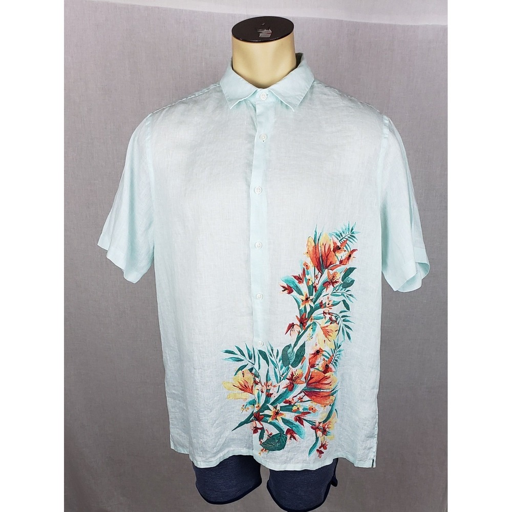 Club Room Luxury Mens XL Mint Green 100% Linen Tropical Floral Shirt Resortwear